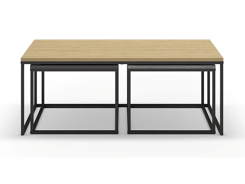 Set de 3 tables basses, tables de salon aspect bois coloris chêne, ciment et métal coloris noir