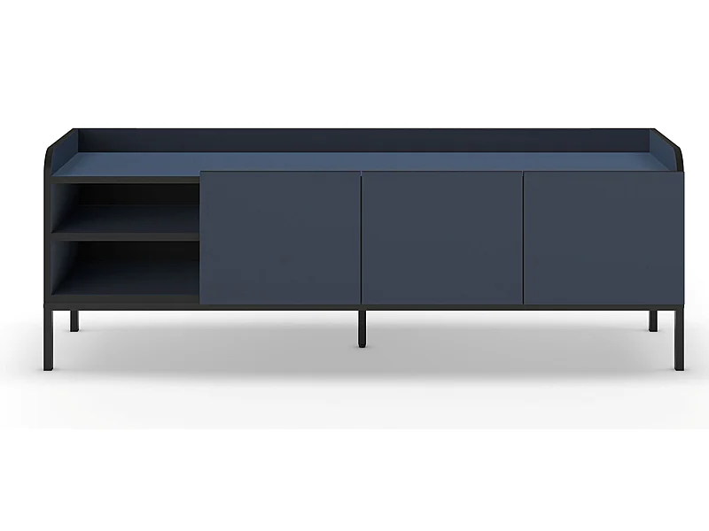 Meuble TV, Meuble de salon aspect bois coloris bleu, pieds en métal noir - Longueur 160 x Profondeur 42 x Hauteur 55 cm
