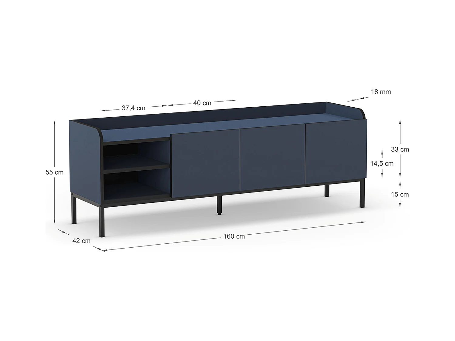Meuble TV, Meuble de salon aspect bois coloris bleu, pieds en métal noir - Longueur 160 x Profondeur 42 x Hauteur 55 cm