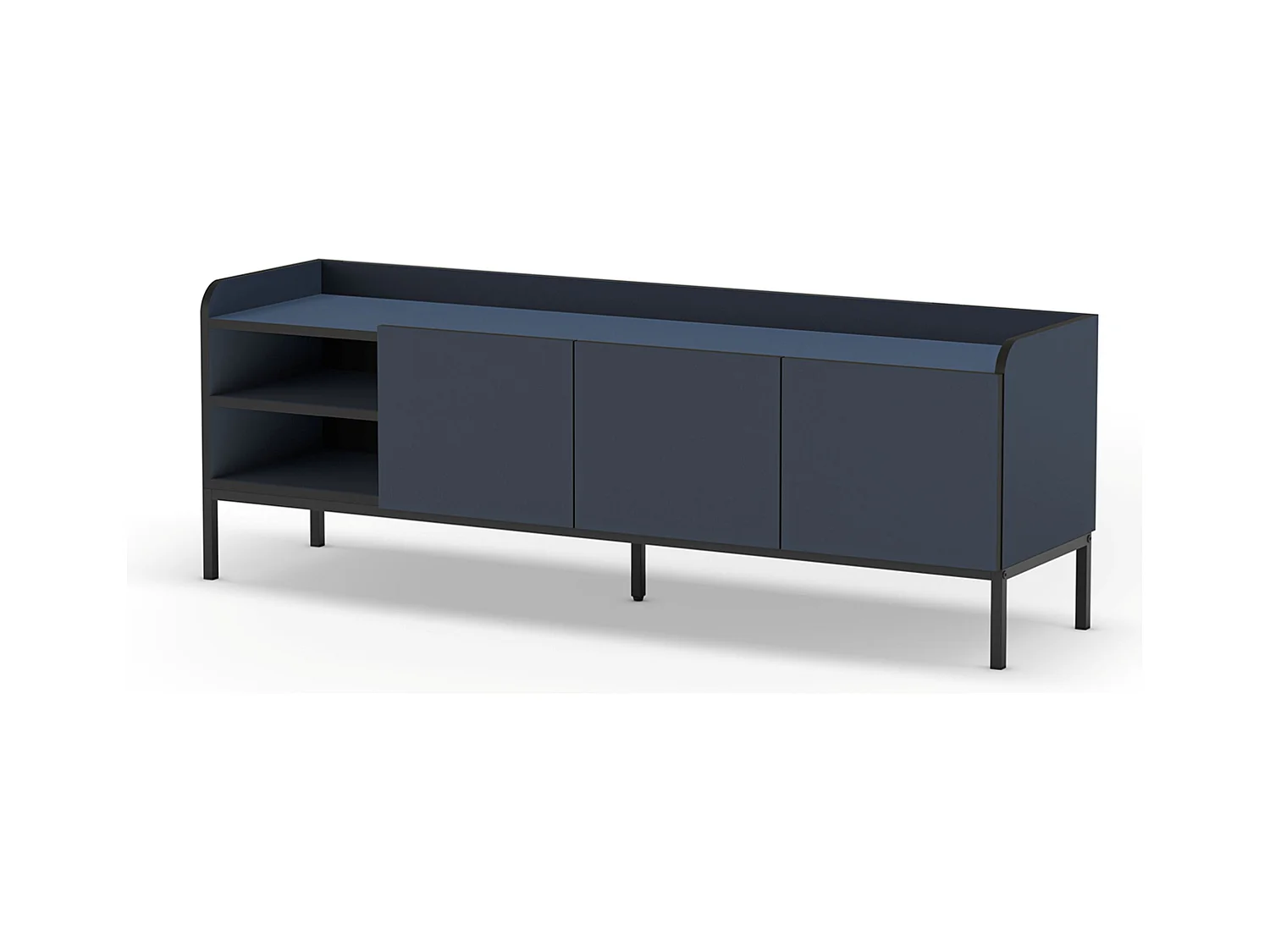 Meuble TV, Meuble de salon aspect bois coloris bleu, pieds en métal noir - Longueur 160 x Profondeur 42 x Hauteur 55 cm