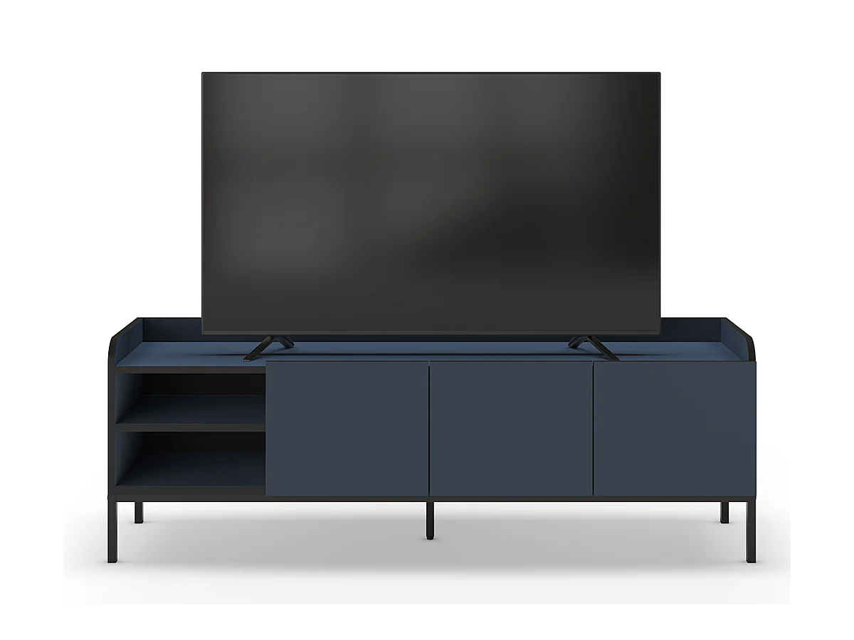 Meuble TV, Meuble de salon aspect bois coloris bleu, pieds en métal noir - Longueur 160 x Profondeur 42 x Hauteur 55 cm