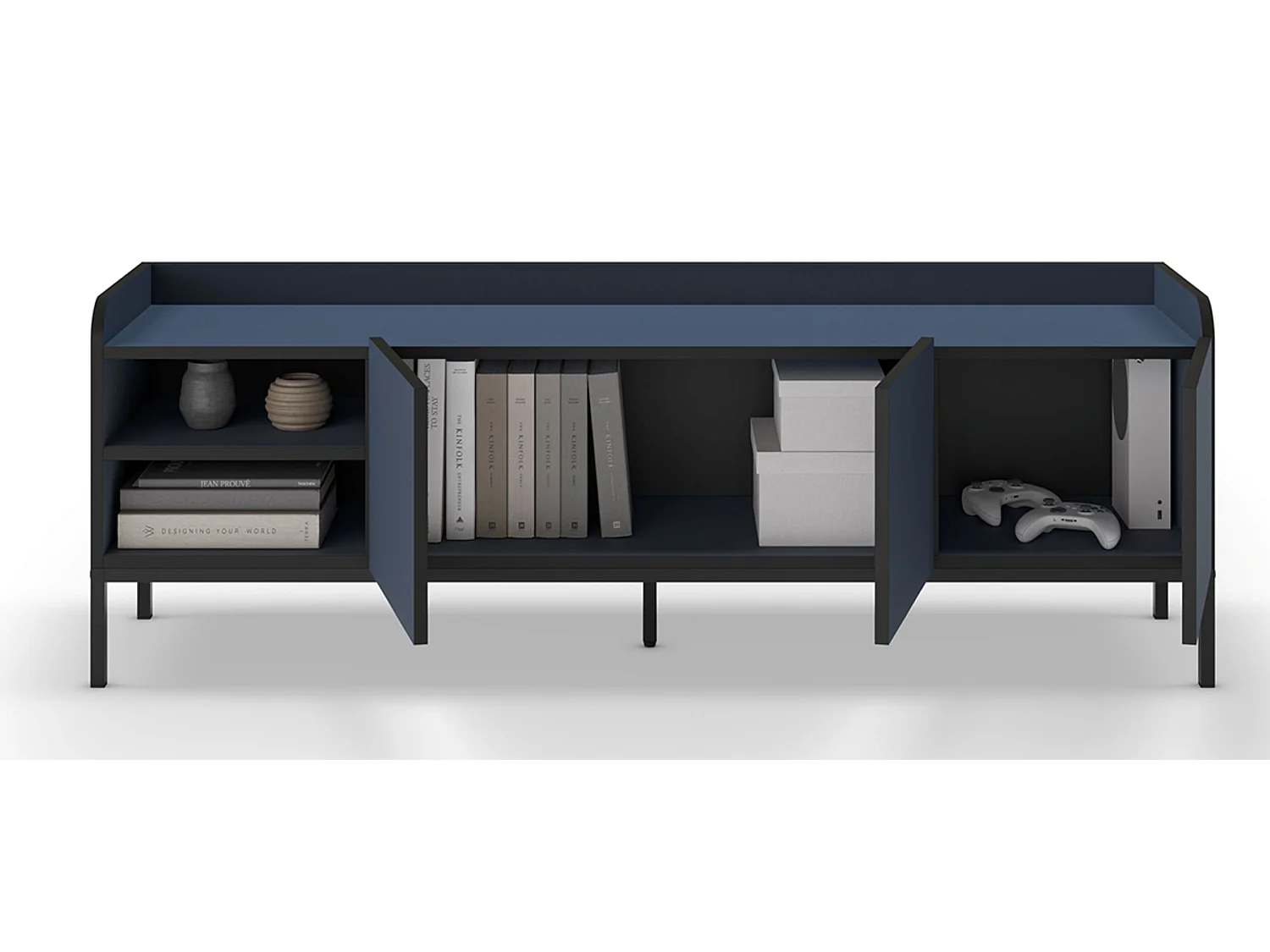 Meuble TV, Meuble de salon aspect bois coloris bleu, pieds en métal noir - Longueur 160 x Profondeur 42 x Hauteur 55 cm