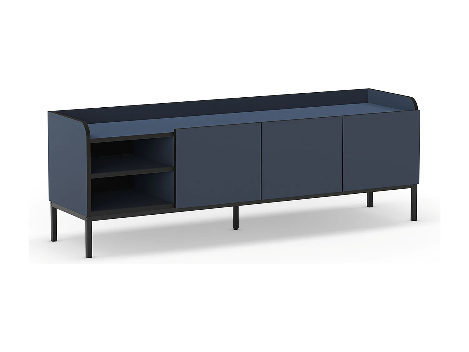 Meuble TV, Meuble de salon aspect bois coloris bleu, pieds en métal noir - Longueur 160 x Profondeur 42 x Hauteur 55 cm