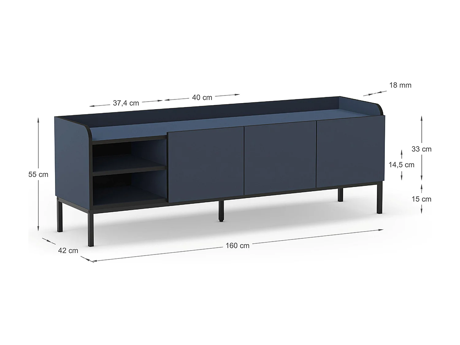 Meuble TV, Meuble de salon aspect bois coloris bleu, pieds en métal noir - Longueur 160 x Profondeur 42 x Hauteur 55 cm