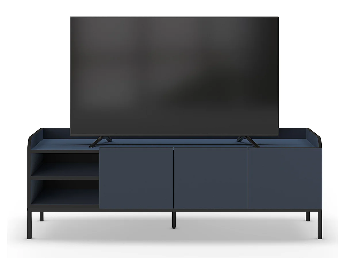 Meuble TV, Meuble de salon aspect bois coloris bleu, pieds en métal noir - Longueur 160 x Profondeur 42 x Hauteur 55 cm