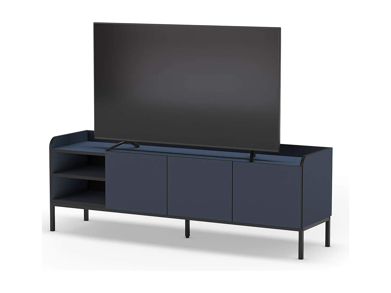 Meuble TV, Meuble de salon aspect bois coloris bleu, pieds en métal noir - Longueur 160 x Profondeur 42 x Hauteur 55 cm