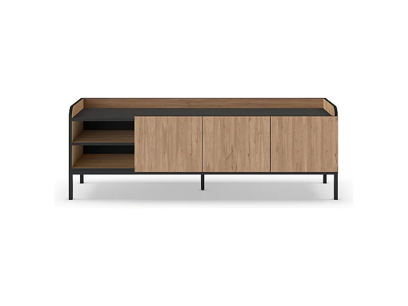 Meuble TV, Meuble de salon aspect bois avec 3 portes coloris naturel, pieds en métal noir - Longueur 160 x Profondeur 42 x Hauteur 55 cm