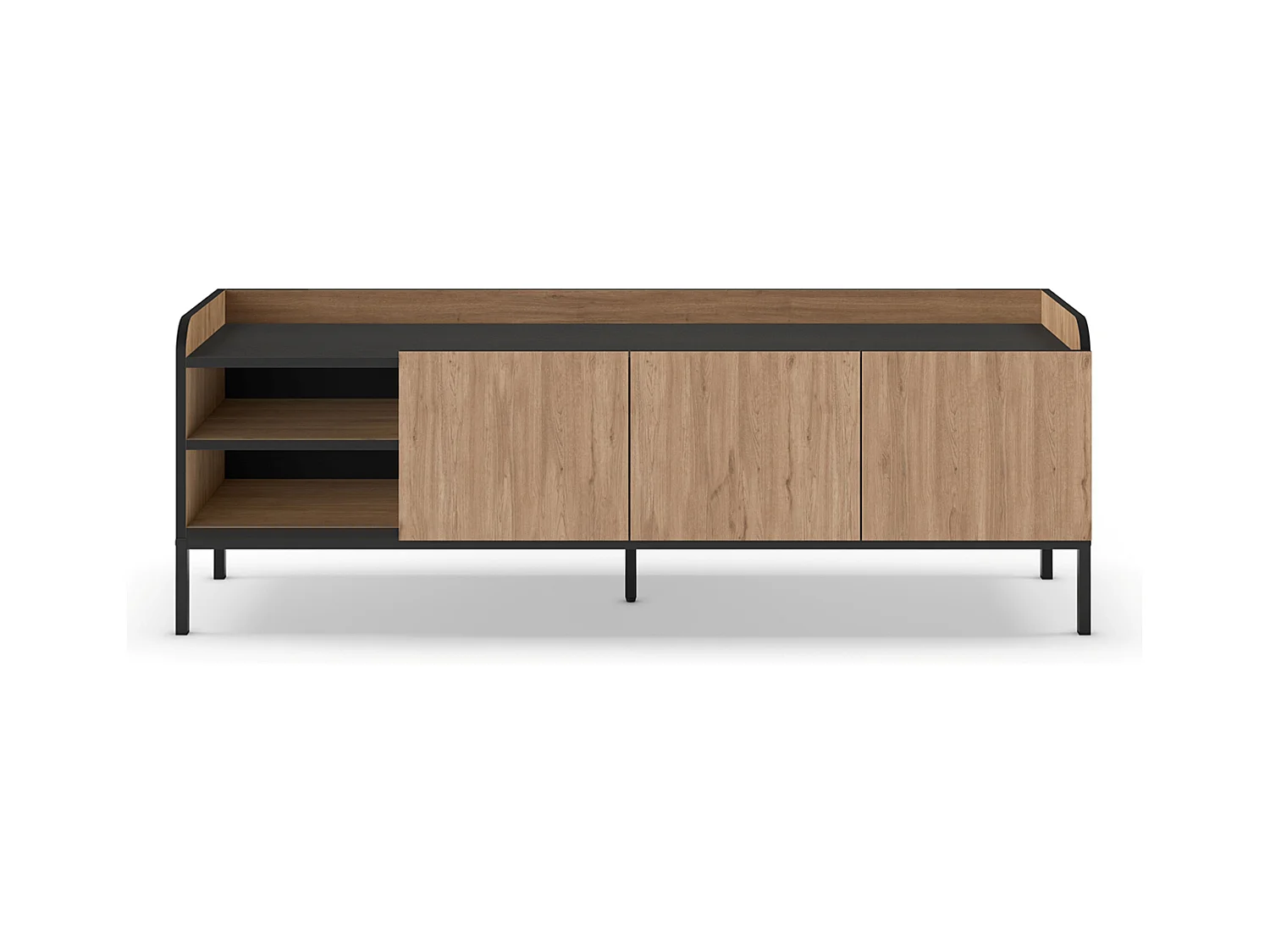 Meuble TV, Meuble de salon aspect bois avec 3 portes coloris naturel, pieds en métal noir - Longueur 160 x Profondeur 42 x Hauteur 55 cm