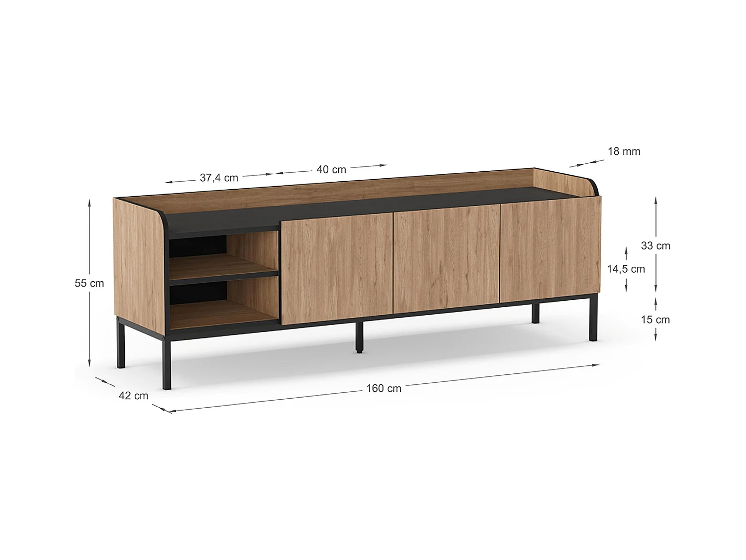 Meuble TV, Meuble de salon aspect bois avec 3 portes coloris naturel, pieds en métal noir - Longueur 160 x Profondeur 42 x Hauteur 55 cm