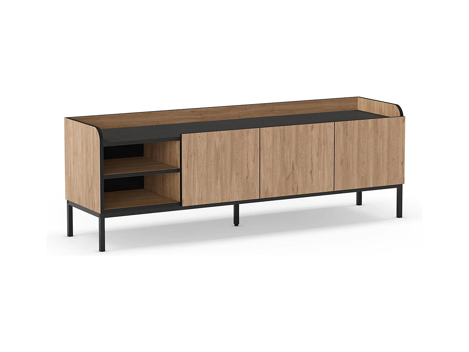 Meuble TV, Meuble de salon aspect bois avec 3 portes coloris naturel, pieds en métal noir - Longueur 160 x Profondeur 42 x Hauteur 55 cm
