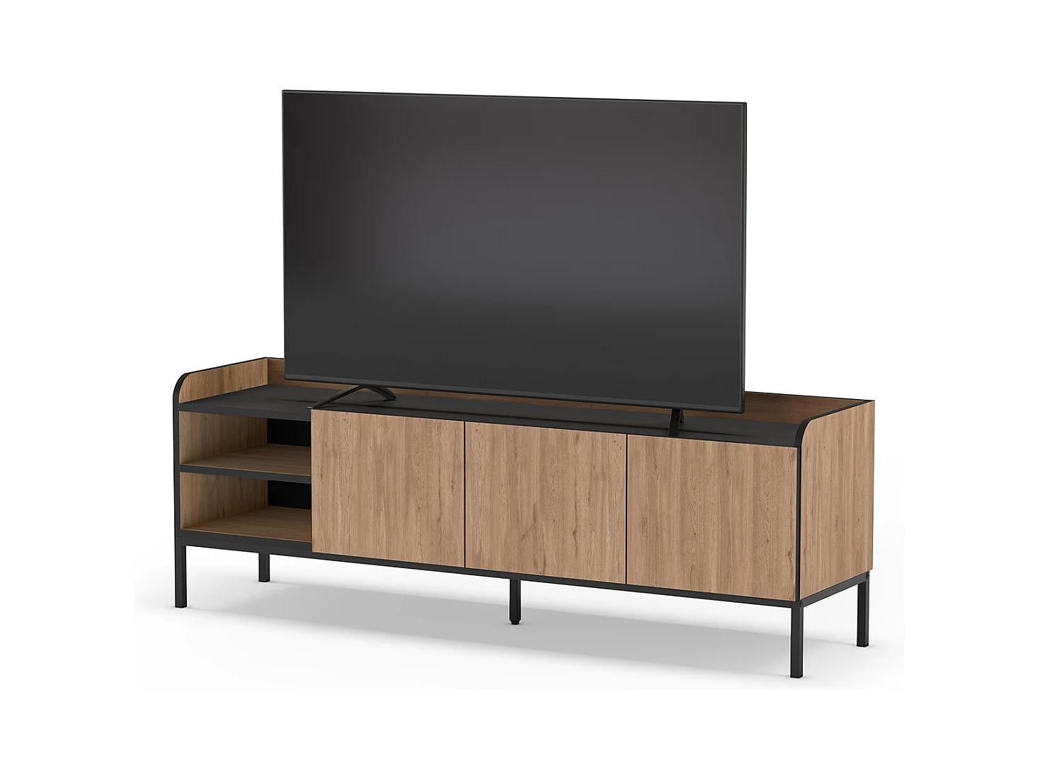Meuble TV, Meuble de salon aspect bois avec 3 portes coloris naturel, pieds en métal noir - Longueur 160 x Profondeur 42 x Hauteur 55 cm