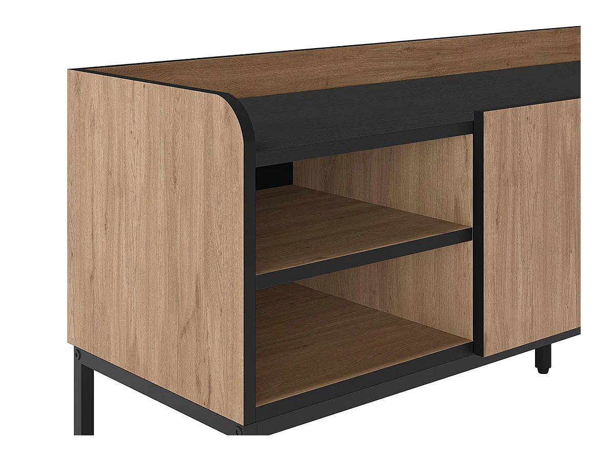 Meuble TV, Meuble de salon aspect bois avec 3 portes coloris naturel, pieds en métal noir - Longueur 160 x Profondeur 42 x Hauteur 55 cm