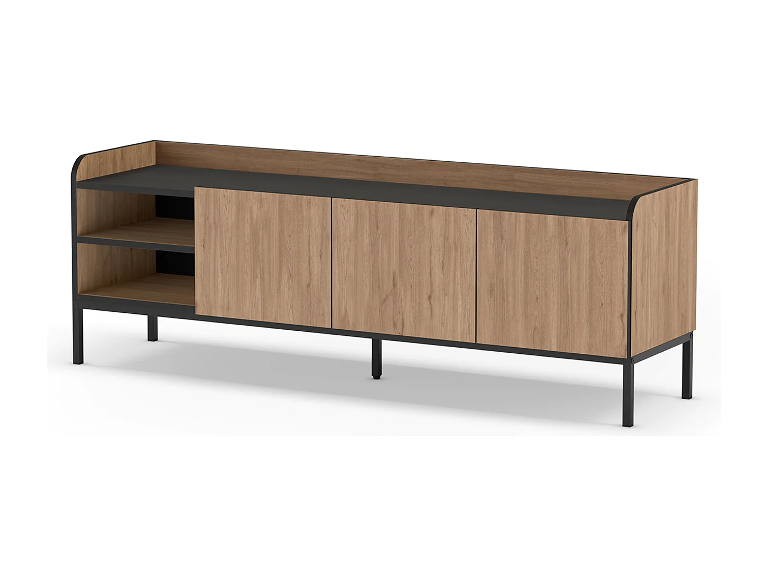 Meuble TV, Meuble de salon aspect bois avec 3 portes coloris naturel, pieds en métal noir - Longueur 160 x Profondeur 42 x Hauteur 55 cm