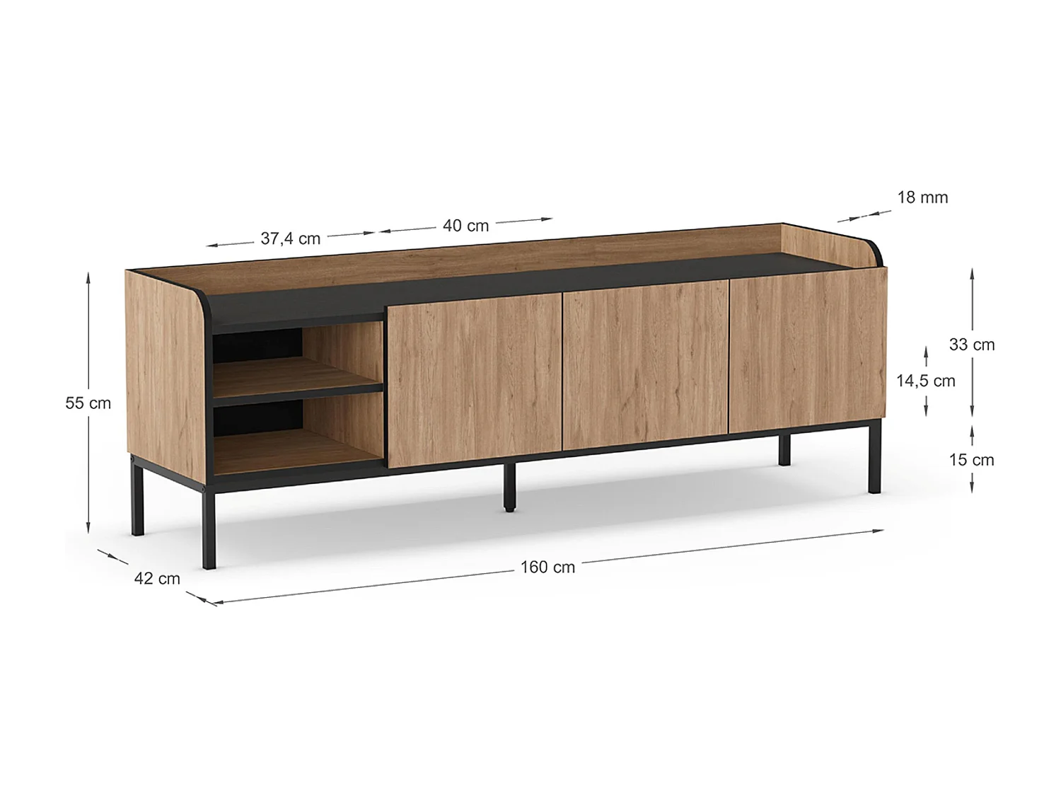 Meuble TV, Meuble de salon aspect bois avec 3 portes coloris naturel, pieds en métal noir - Longueur 160 x Profondeur 42 x Hauteur 55 cm