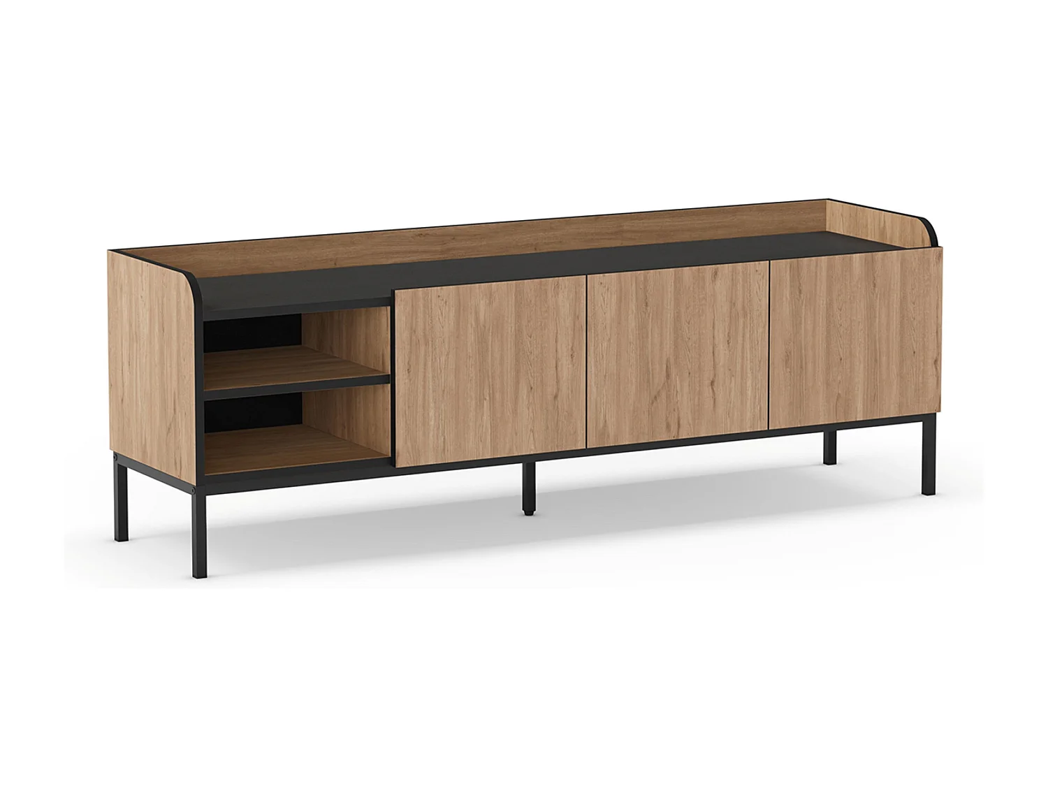 Meuble TV, Meuble de salon aspect bois avec 3 portes coloris naturel, pieds en métal noir - Longueur 160 x Profondeur 42 x Hauteur 55 cm
