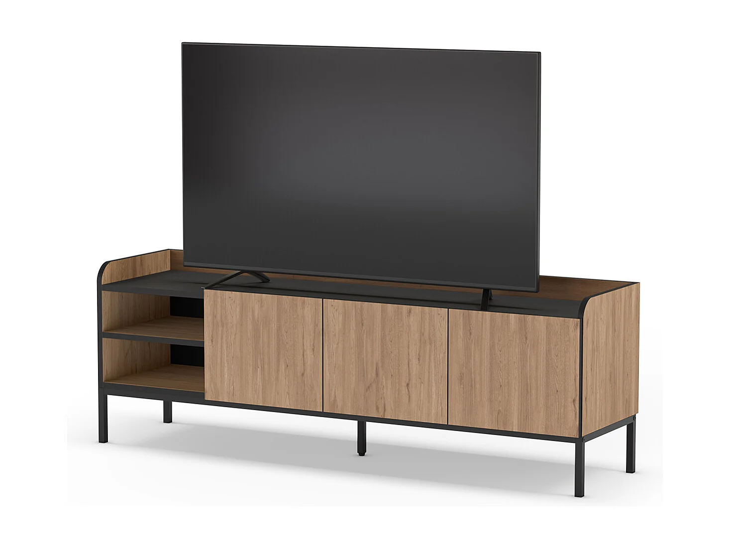 Meuble TV, Meuble de salon aspect bois avec 3 portes coloris naturel, pieds en métal noir - Longueur 160 x Profondeur 42 x Hauteur 55 cm