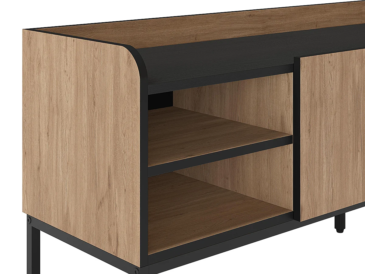 Meuble TV, Meuble de salon aspect bois avec 3 portes coloris naturel, pieds en métal noir - Longueur 160 x Profondeur 42 x Hauteur 55 cm