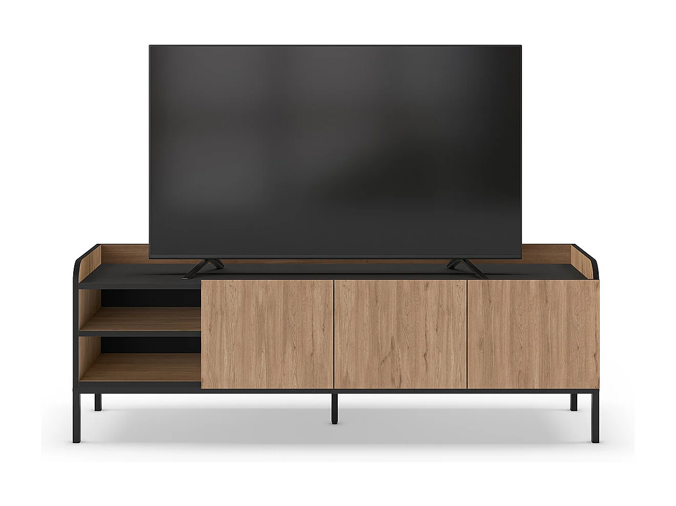 Meuble TV, Meuble de salon aspect bois avec 3 portes coloris naturel, pieds en métal noir - Longueur 160 x Profondeur 42 x Hauteur 55 cm