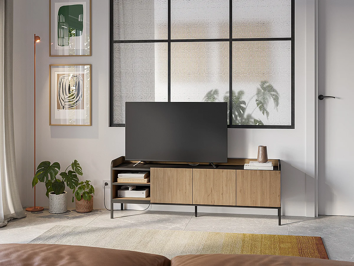 Meuble TV, Meuble de salon aspect bois avec 3 portes coloris naturel, pieds en métal noir - Longueur 160 x Profondeur 42 x Hauteur 55 cm