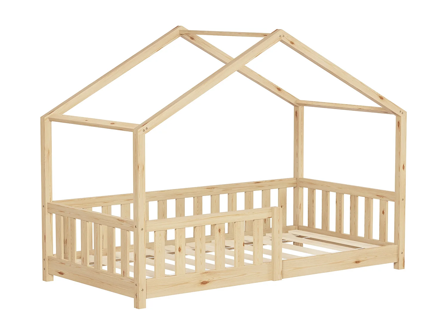Lit cabane enfant 80x160 cm naturel pin massif avec protection antichute, toit et sommier à lattes, couchage au sol Montessori pour fille garçon