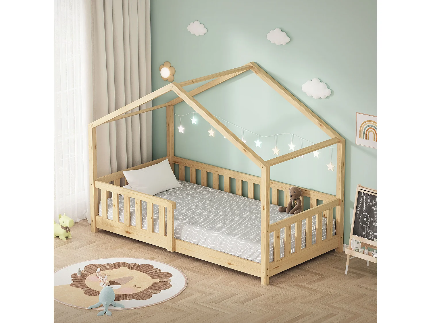 Lit cabane enfant 80x160 cm naturel pin massif avec protection antichute, toit et sommier à lattes, couchage au sol Montessori pour fille garçon