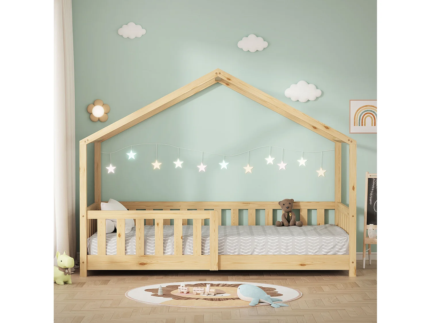 Lit cabane enfant 80x160 cm naturel pin massif avec protection antichute, toit et sommier à lattes, couchage au sol Montessori pour fille garçon