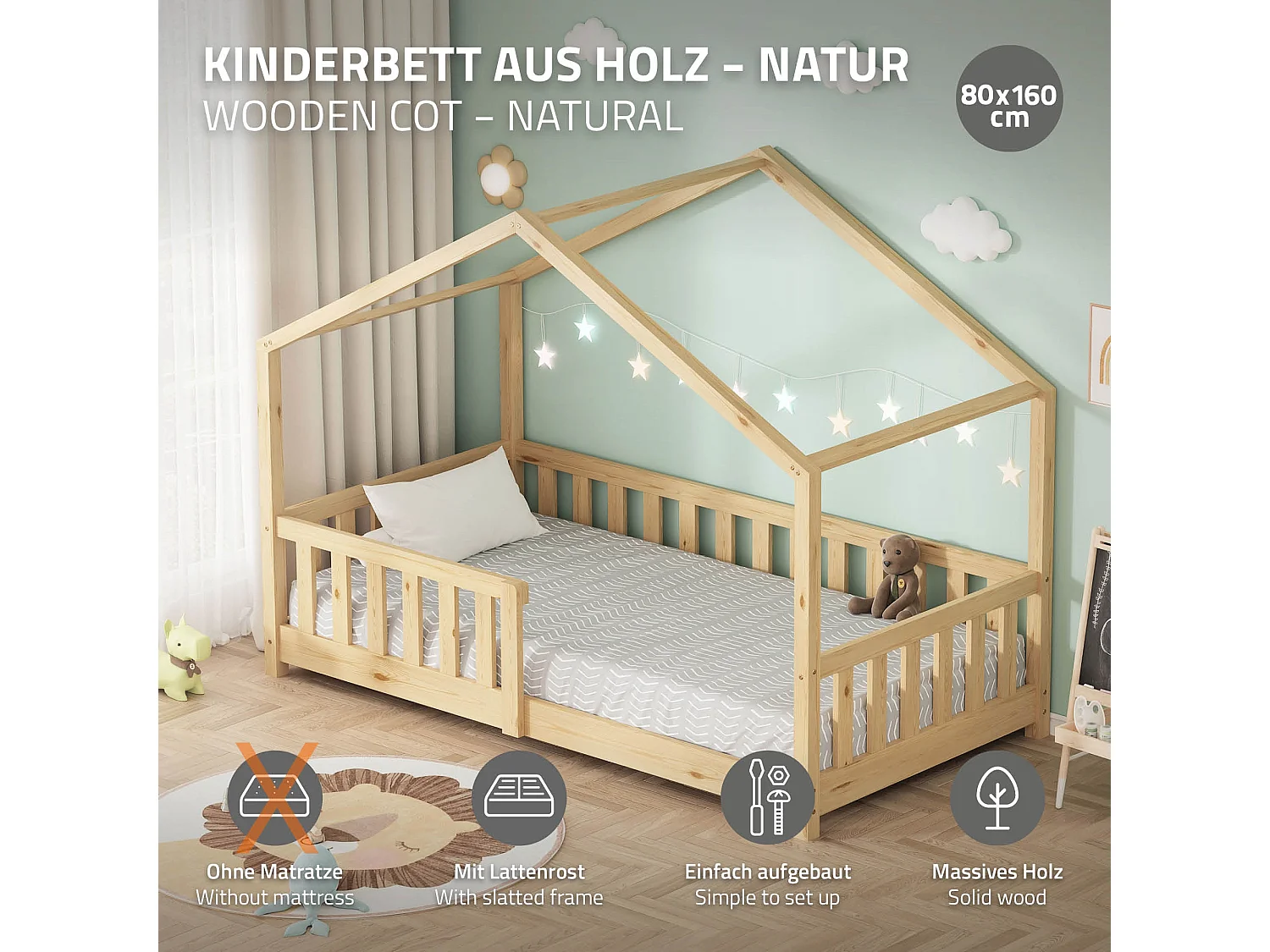 Lit cabane enfant 80x160 cm naturel pin massif avec protection antichute, toit et sommier à lattes, couchage au sol Montessori pour fille garçon