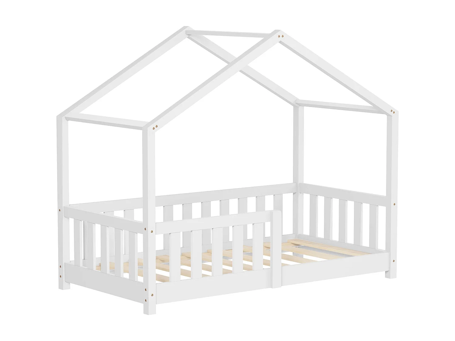 Lit cabane enfant 70x140 cm blanc pin massif avec protection antichute, toit et sommier à lattes, couchage au sol Montessori pour fille garçon