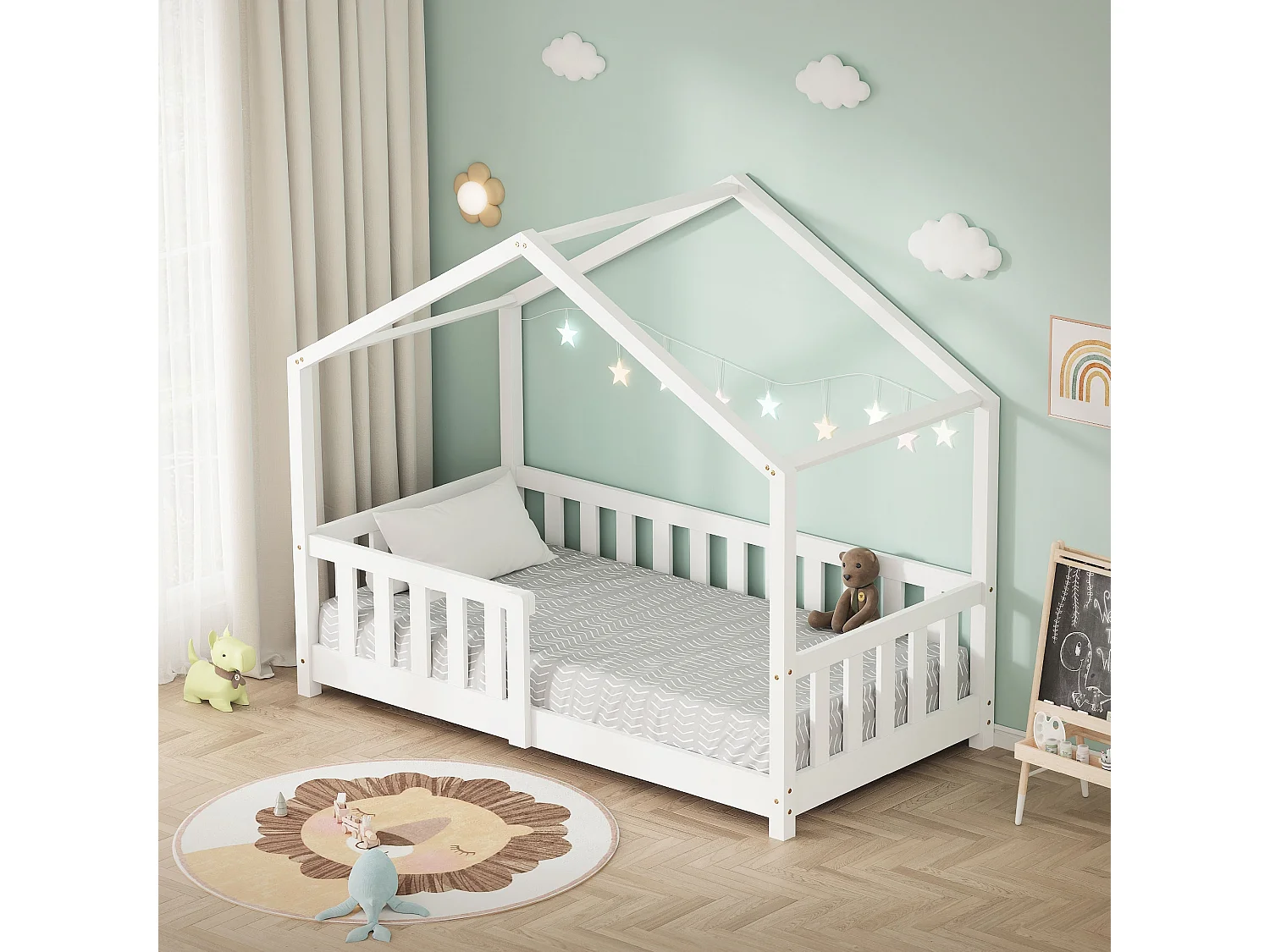 Lit cabane enfant 70x140 cm blanc pin massif avec protection antichute, toit et sommier à lattes, couchage au sol Montessori pour fille garçon