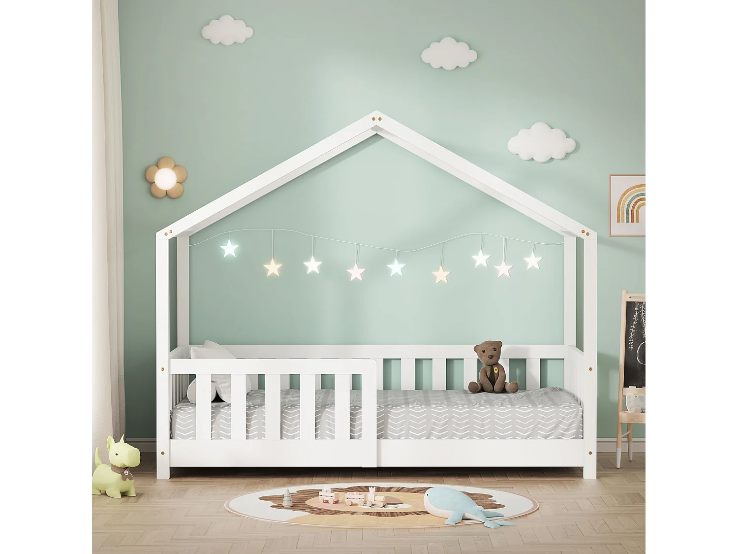 Lit cabane enfant 70x140 cm blanc pin massif avec protection antichute, toit et sommier à lattes, couchage au sol Montessori pour fille garçon