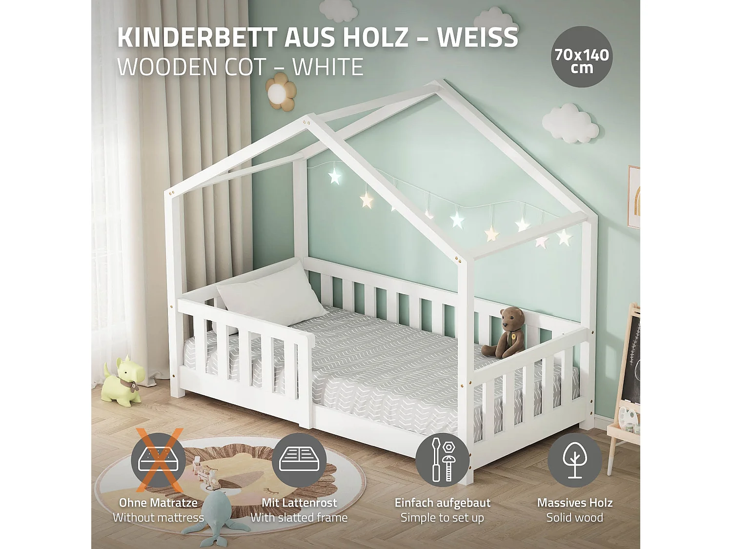 Lit cabane enfant 70x140 cm blanc pin massif avec protection antichute, toit et sommier à lattes, couchage au sol Montessori pour fille garçon