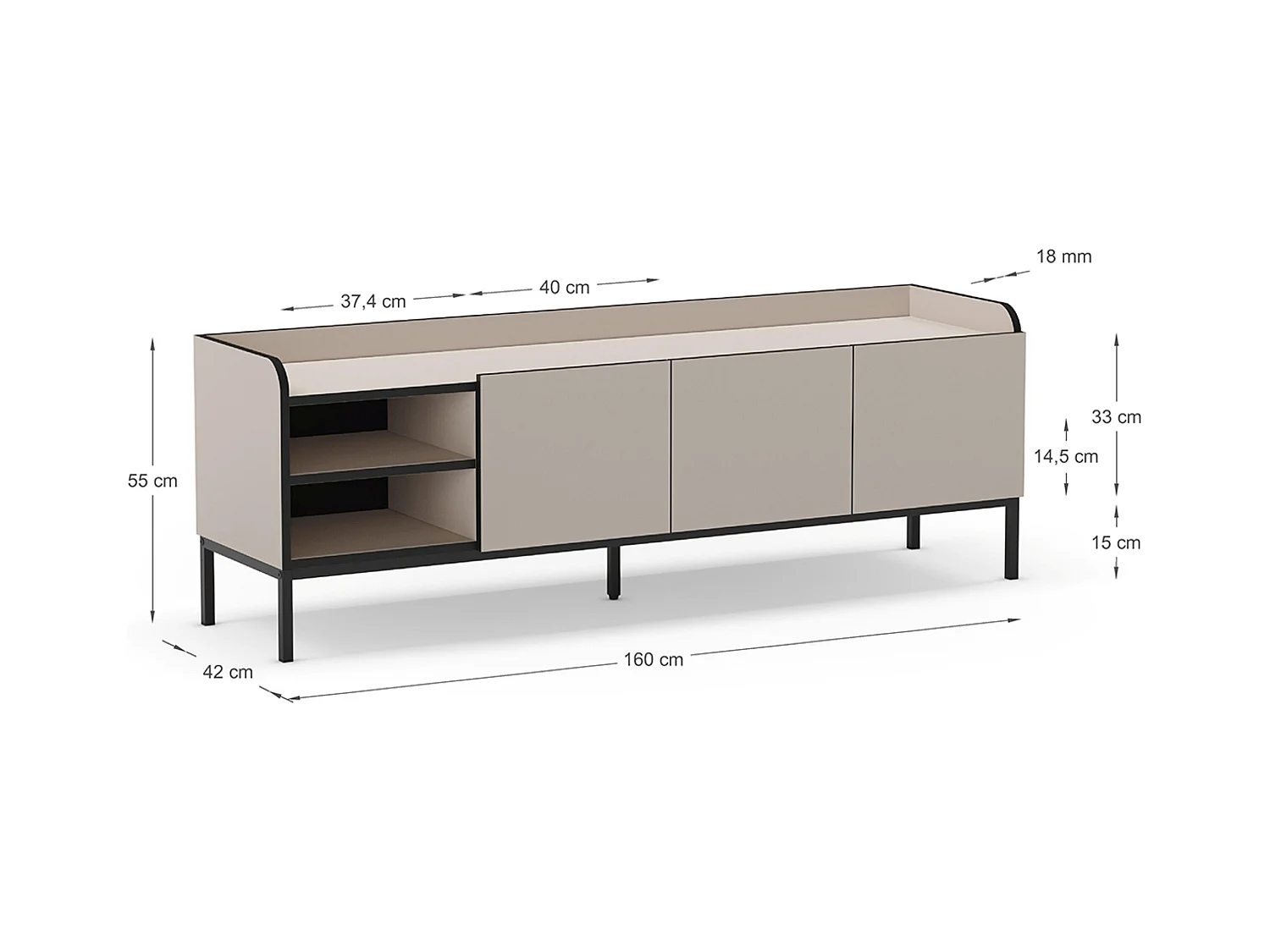 Meuble TV, Meuble de salon avec 3 portes aspect bois coloris crème, pieds en métal noir - Longueur 160 x Profondeur 42 x Hauteur 55 cm