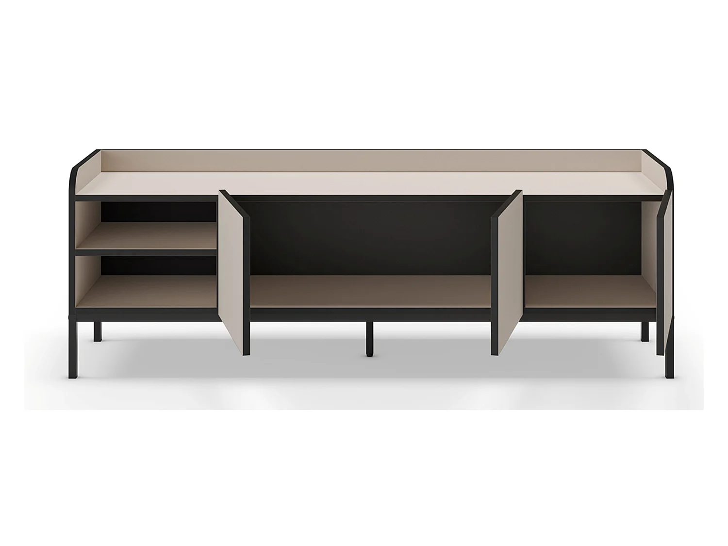 Meuble TV, Meuble de salon avec 3 portes aspect bois coloris crème, pieds en métal noir - Longueur 160 x Profondeur 42 x Hauteur 55 cm