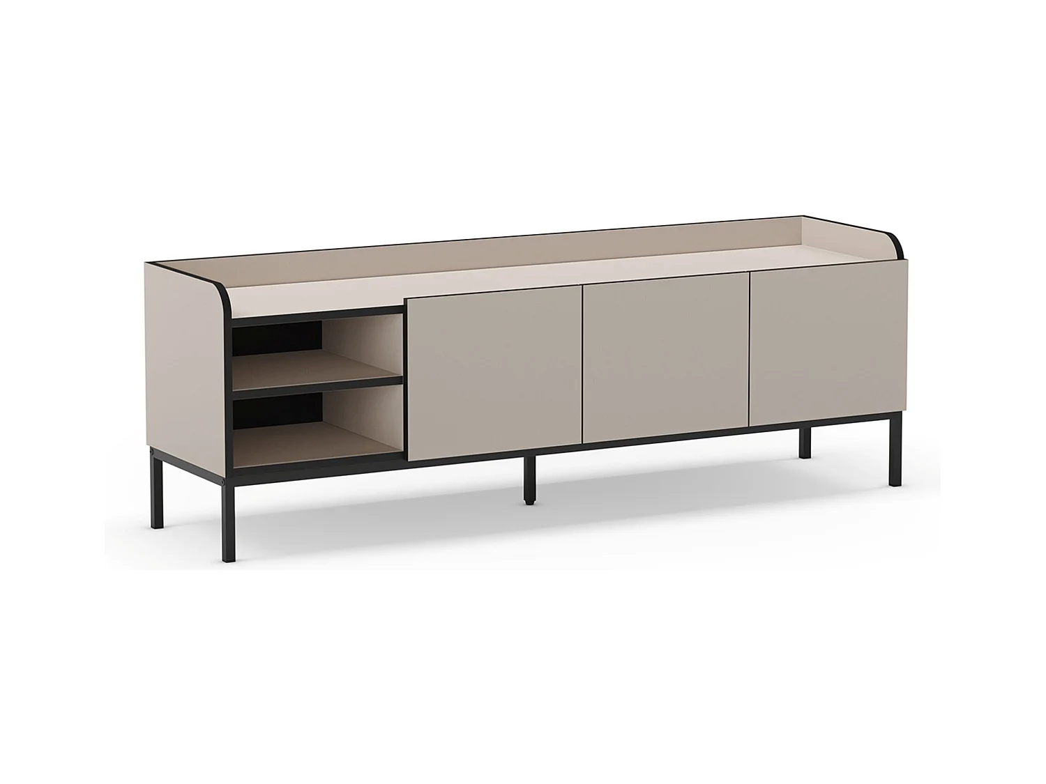 Meuble TV, Meuble de salon avec 3 portes aspect bois coloris crème, pieds en métal noir - Longueur 160 x Profondeur 42 x Hauteur 55 cm