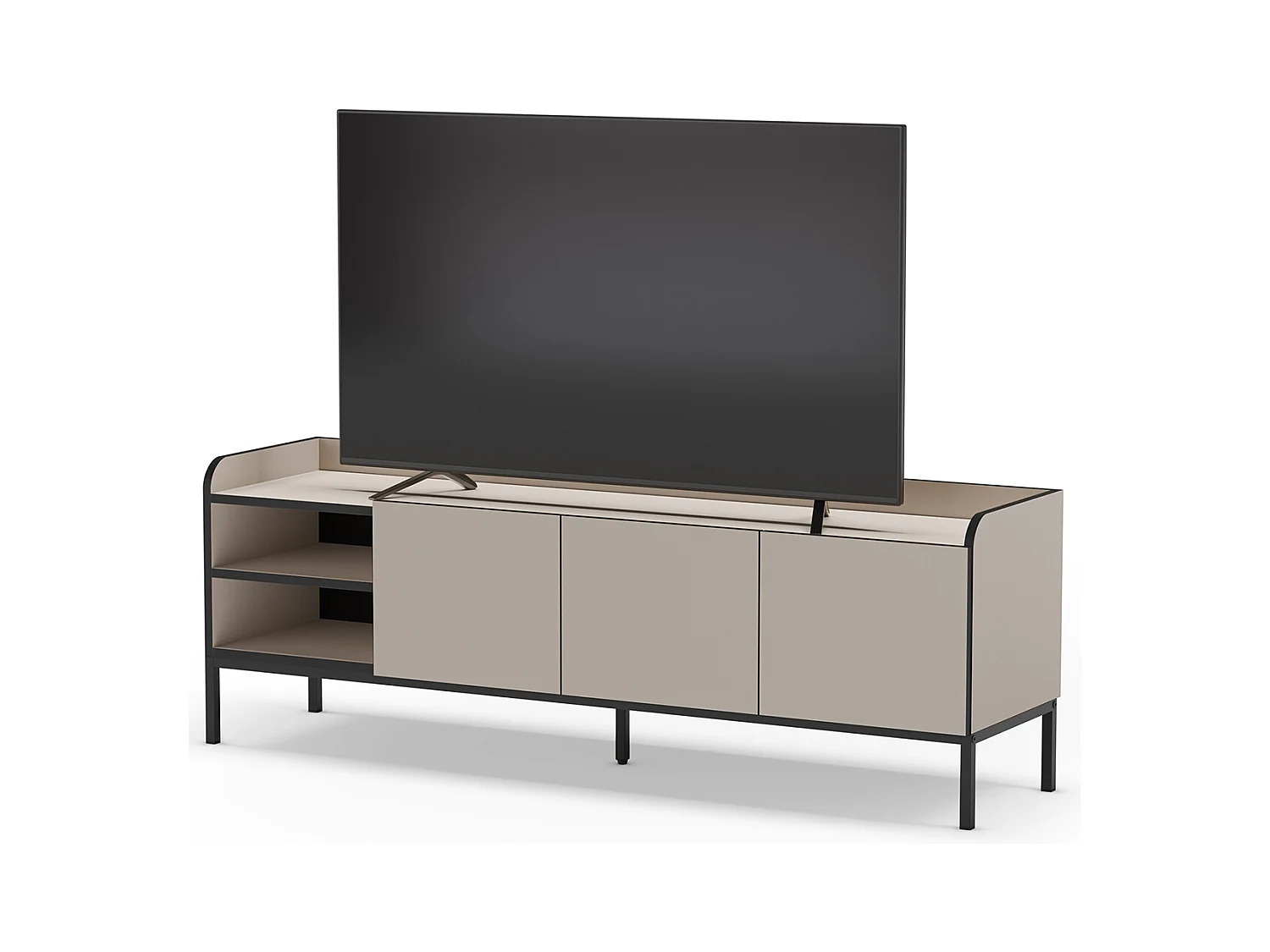 Meuble TV, Meuble de salon avec 3 portes aspect bois coloris crème, pieds en métal noir - Longueur 160 x Profondeur 42 x Hauteur 55 cm