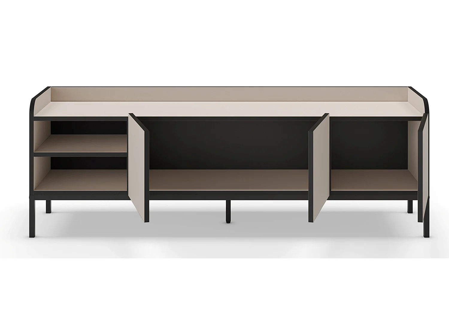 Meuble TV, Meuble de salon avec 3 portes aspect bois coloris crème, pieds en métal noir - Longueur 160 x Profondeur 42 x Hauteur 55 cm