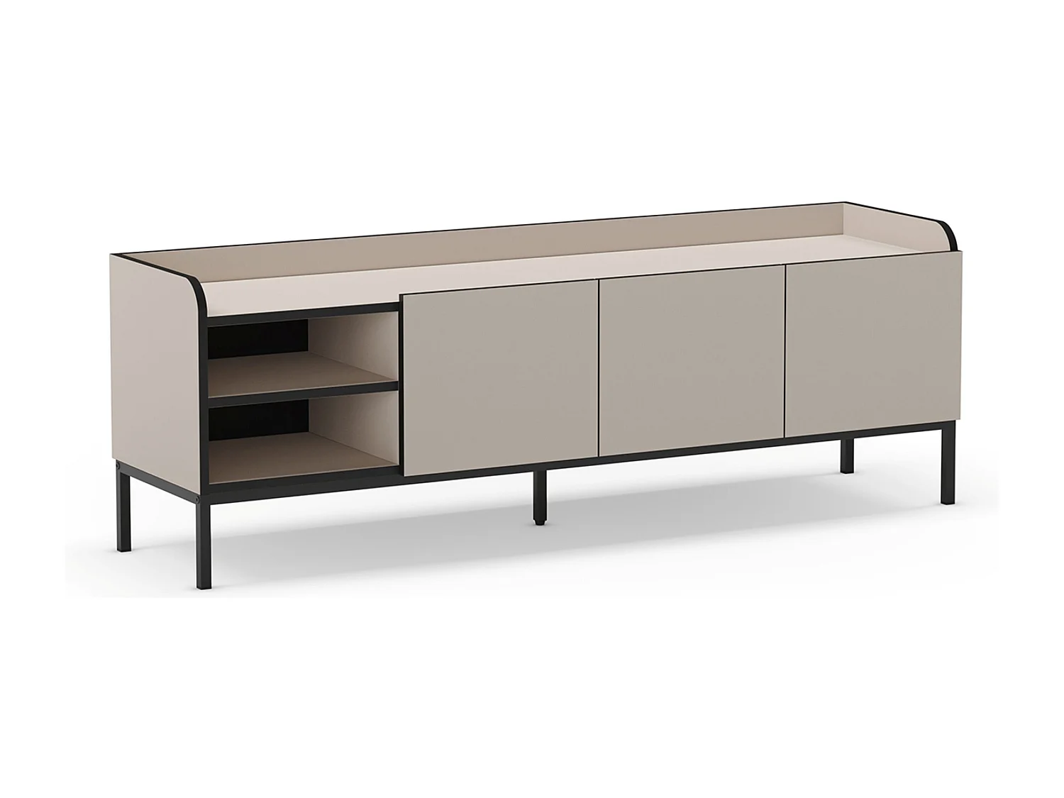 Meuble TV, Meuble de salon avec 3 portes aspect bois coloris crème, pieds en métal noir - Longueur 160 x Profondeur 42 x Hauteur 55 cm