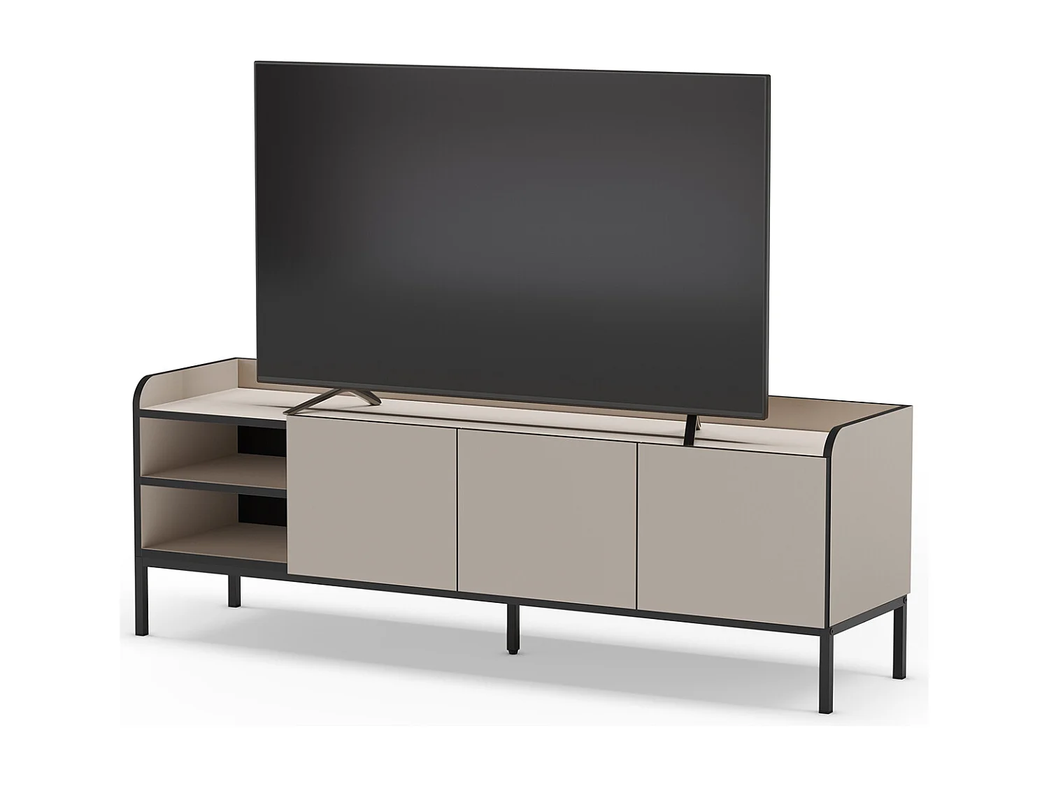 Meuble TV, Meuble de salon avec 3 portes aspect bois coloris crème, pieds en métal noir - Longueur 160 x Profondeur 42 x Hauteur 55 cm
