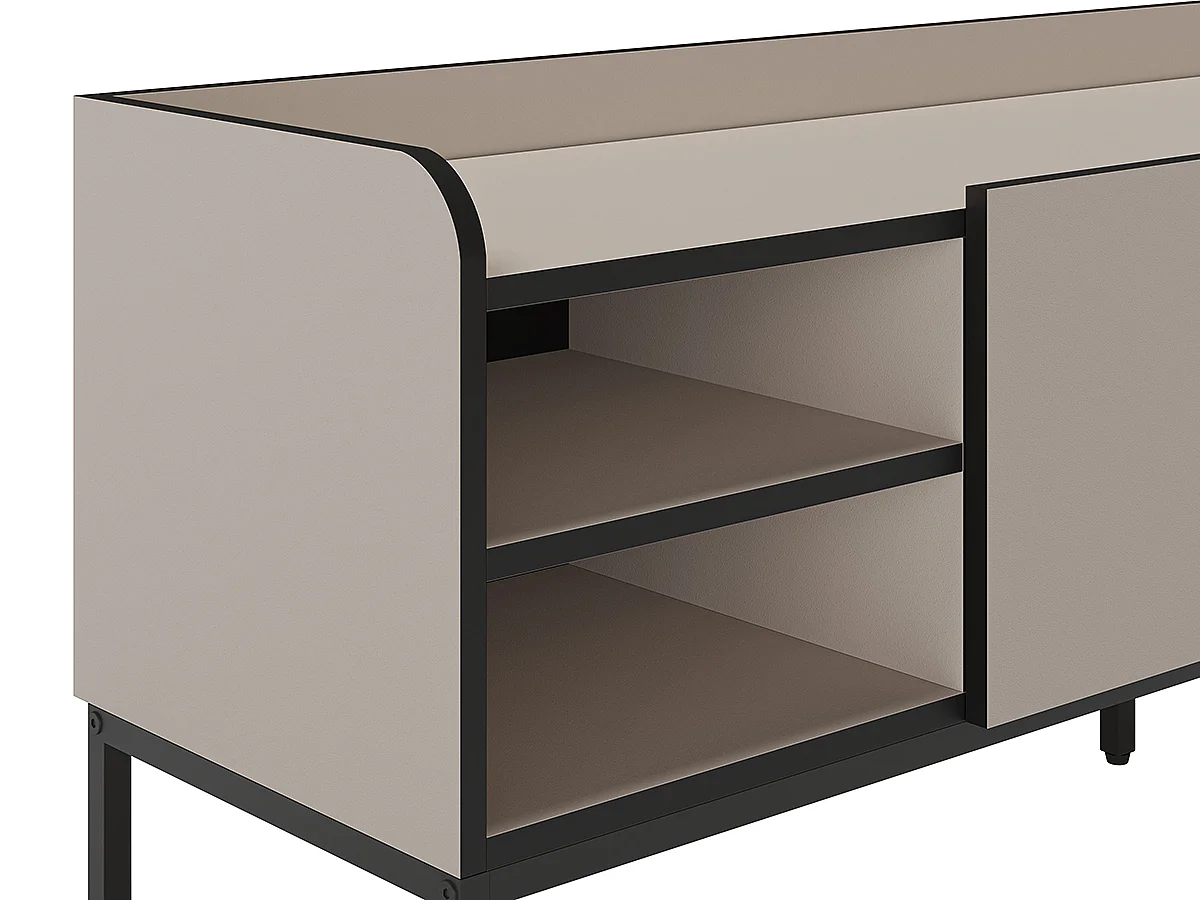 Meuble TV, Meuble de salon avec 3 portes aspect bois coloris crème, pieds en métal noir - Longueur 160 x Profondeur 42 x Hauteur 55 cm