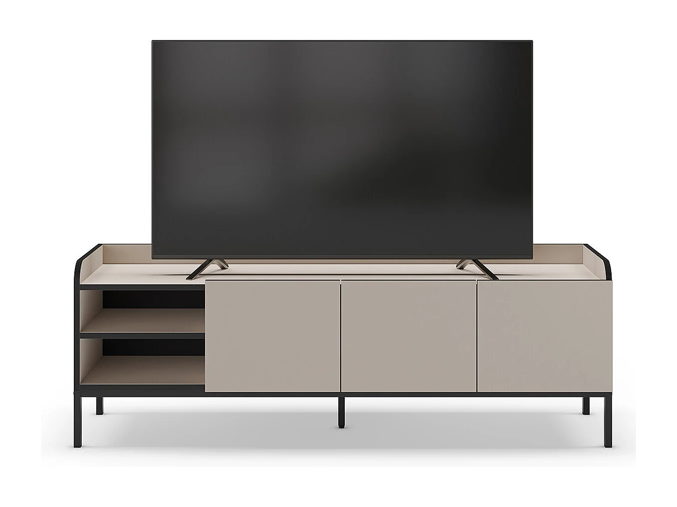 Meuble TV, Meuble de salon avec 3 portes aspect bois coloris crème, pieds en métal noir - Longueur 160 x Profondeur 42 x Hauteur 55 cm