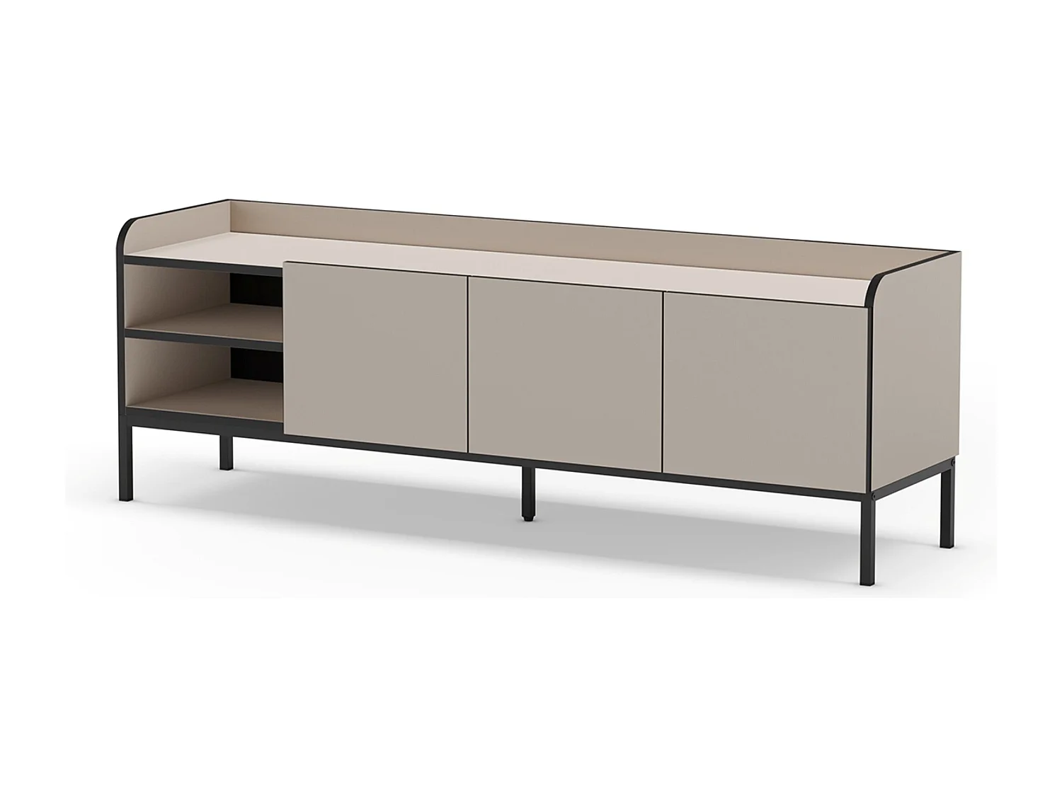 Meuble TV, Meuble de salon avec 3 portes aspect bois coloris crème, pieds en métal noir - Longueur 160 x Profondeur 42 x Hauteur 55 cm