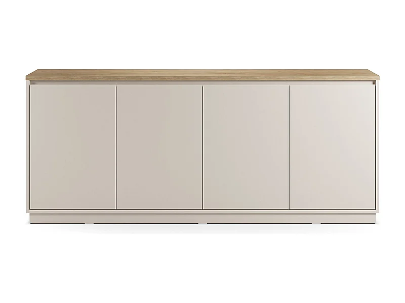 Buffet, commode de rangement avec 4 portes aspect bois coloris chêne, blanc - Longueur 201 x Profondeur 40,1 x Hauteur 84,40 cm