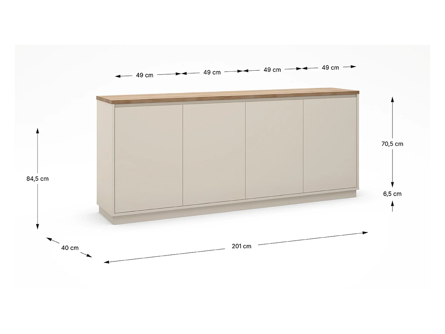 Buffet, commode de rangement avec 4 portes aspect bois coloris chêne, blanc - Longueur 201 x Profondeur 40,1 x Hauteur 84,40 cm