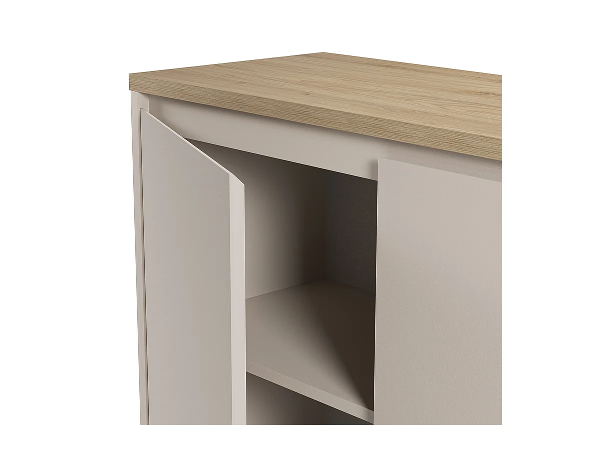 Buffet, commode de rangement avec 4 portes aspect bois coloris chêne, blanc - Longueur 201 x Profondeur 40,1 x Hauteur 84,40 cm
