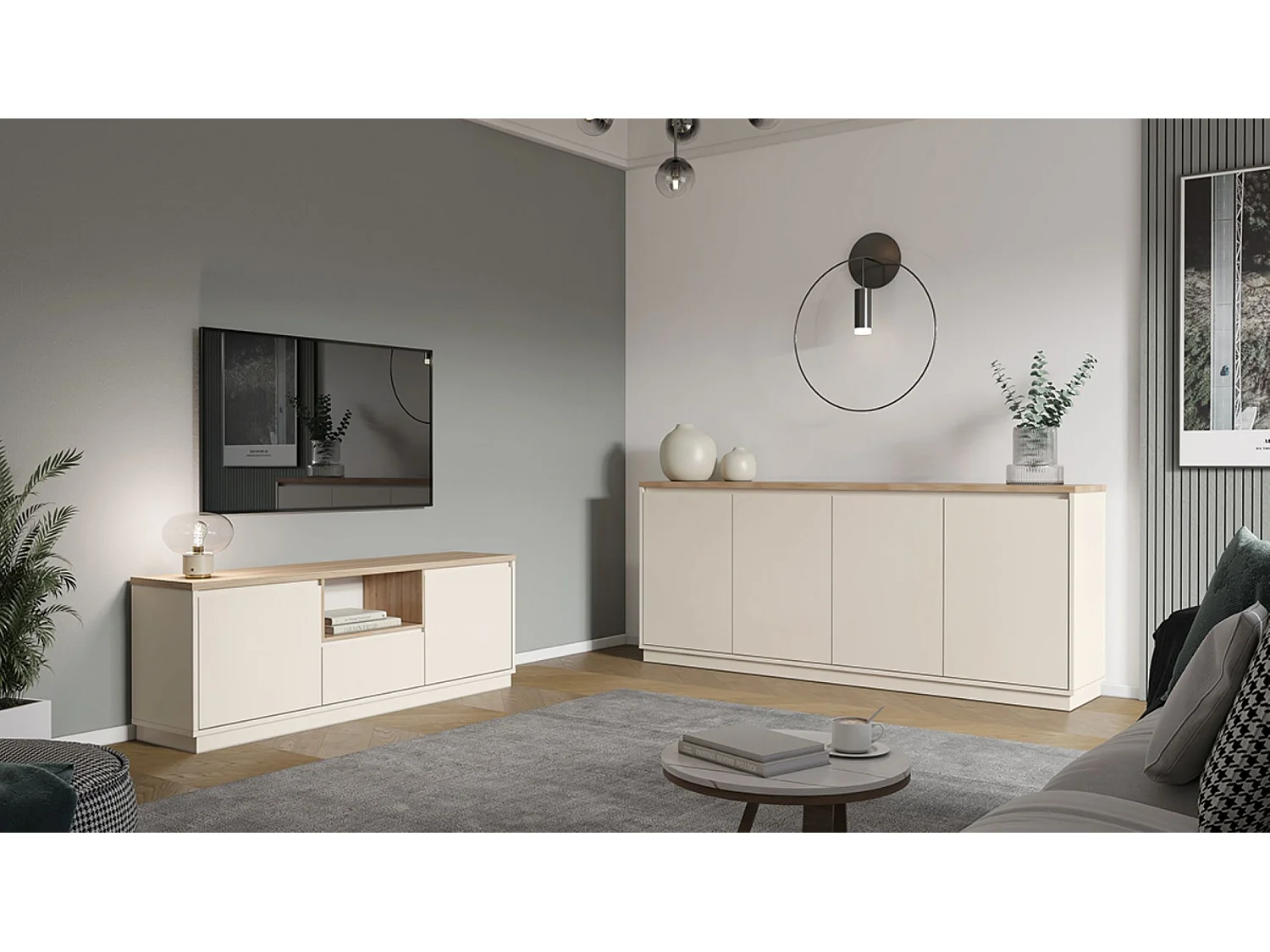 Buffet, commode de rangement avec 4 portes aspect bois coloris chêne, blanc - Longueur 201 x Profondeur 40,1 x Hauteur 84,40 cm