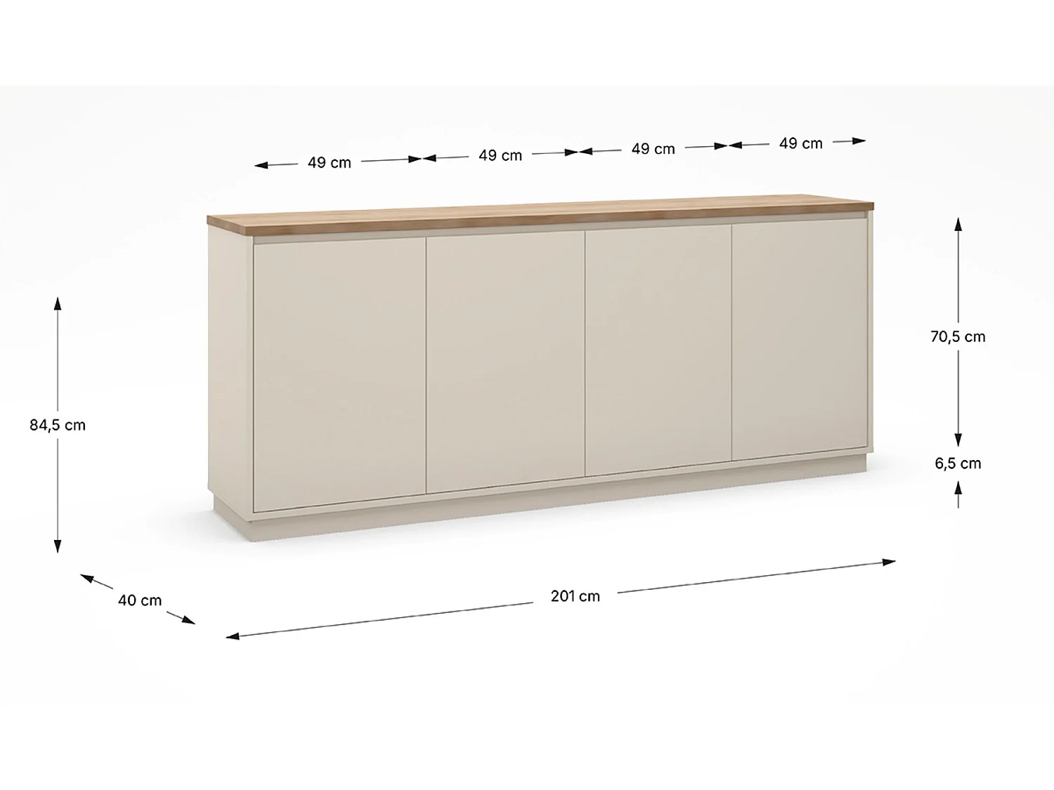 Buffet, commode de rangement avec 4 portes aspect bois coloris chêne, blanc - Longueur 201 x Profondeur 40,1 x Hauteur 84,40 cm