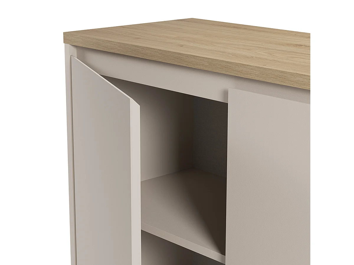 Buffet, commode de rangement avec 4 portes aspect bois coloris chêne, blanc - Longueur 201 x Profondeur 40,1 x Hauteur 84,40 cm