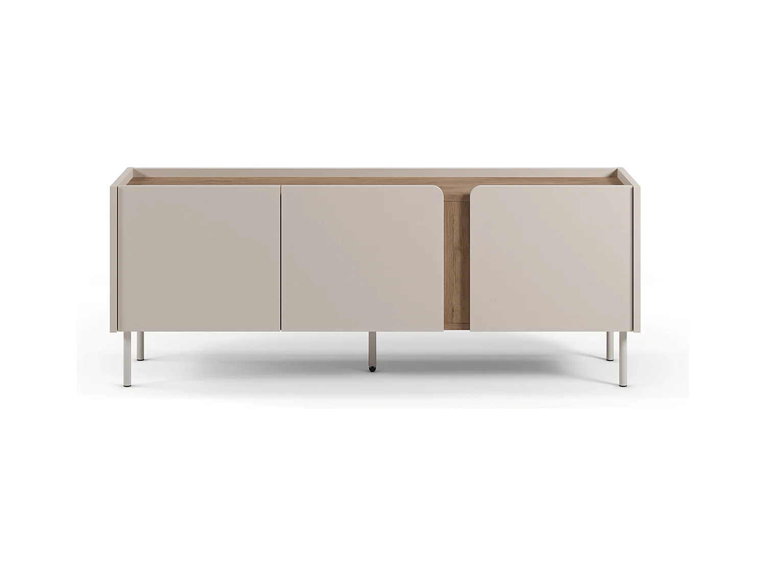 Meuble TV, Meuble de salon avec 3 portes aspect bois coloris crème, chêne et pieds en métal - Longueur 140 x Profondeur 35 x Hauteur 53 cm