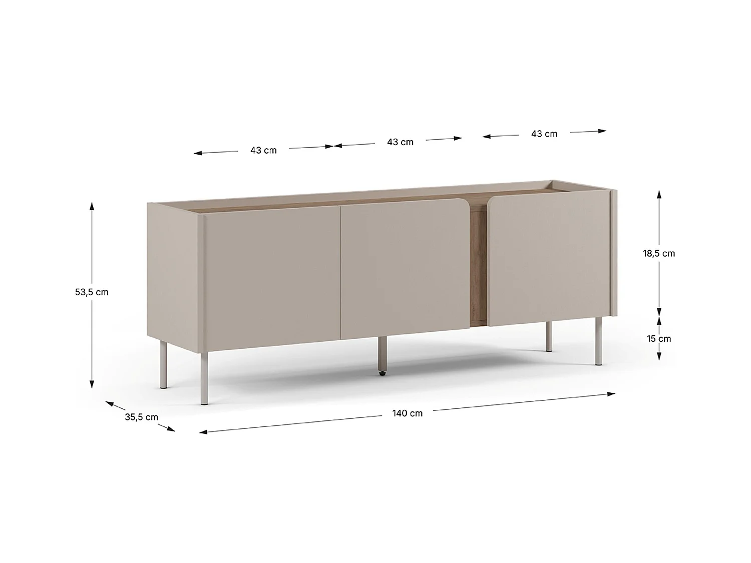 Meuble TV, Meuble de salon avec 3 portes aspect bois coloris crème, chêne et pieds en métal - Longueur 140 x Profondeur 35 x Hauteur 53 cm