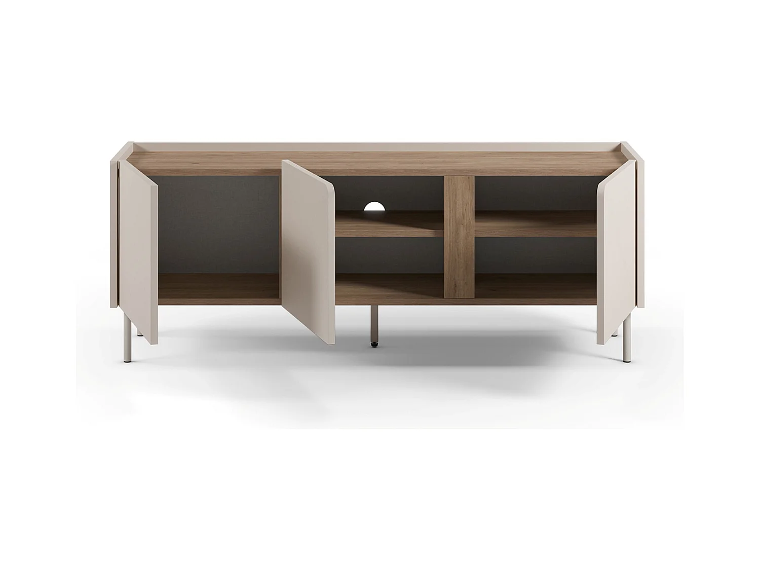 Meuble TV, Meuble de salon avec 3 portes aspect bois coloris crème, chêne et pieds en métal - Longueur 140 x Profondeur 35 x Hauteur 53 cm